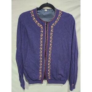 VTG Hand Embroidered Roses Navy Wool Cardigan Hook And Eye Closure Lined Sz LG
